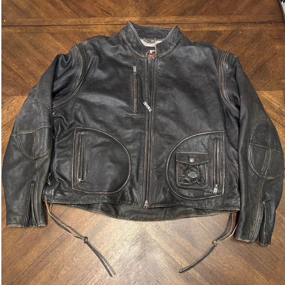 Harley Davidson Mens 3XL Leather Motorcycle Jacket Distressed Black Biker |K1